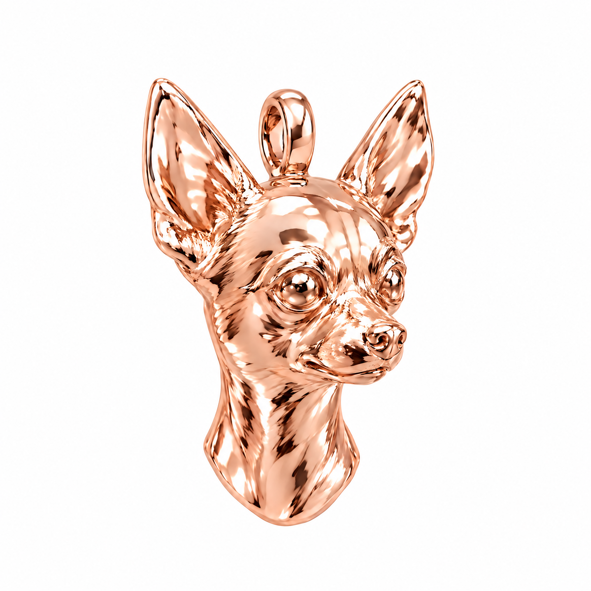 Chihuahua high-polish rose gold dog pendant, product render on white.