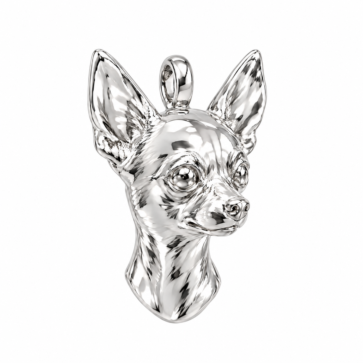 Chihuahua high-polish white gold dog pendant, product render on white.