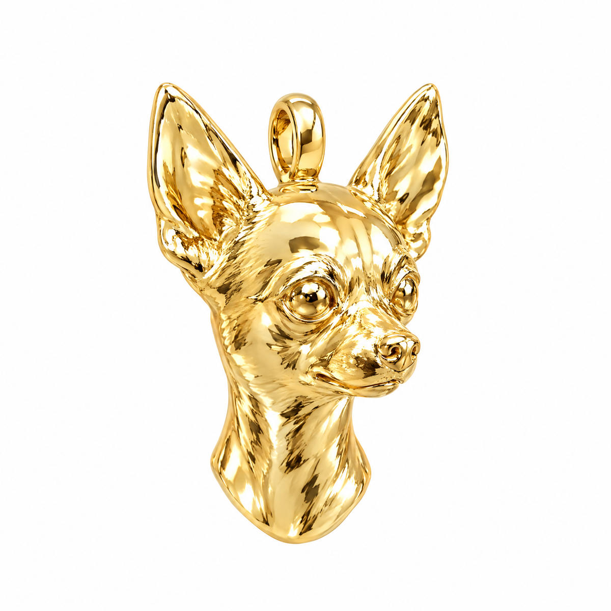 Chihuahua high-polish yellow gold dog pendant, product render on white.