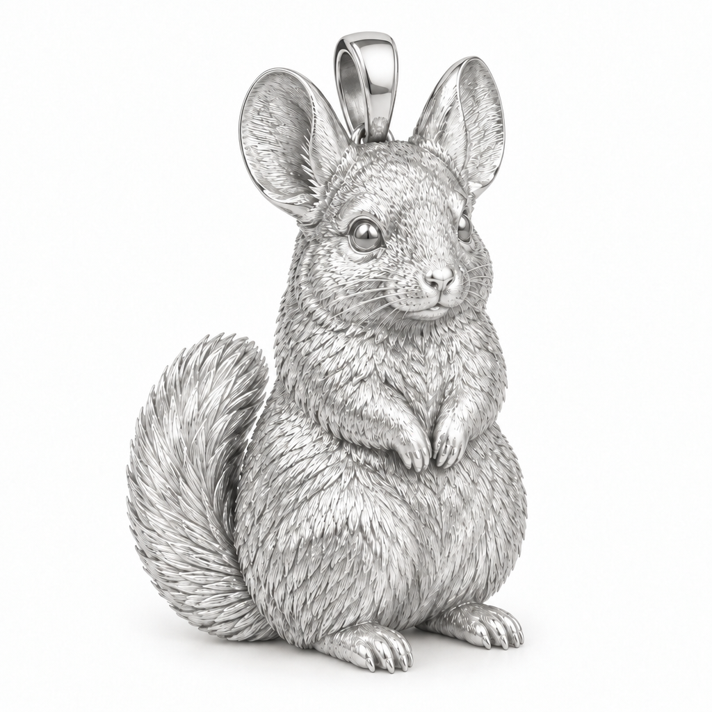 Chinchilla pendant design render in high-polish white gold on white; pendant only.