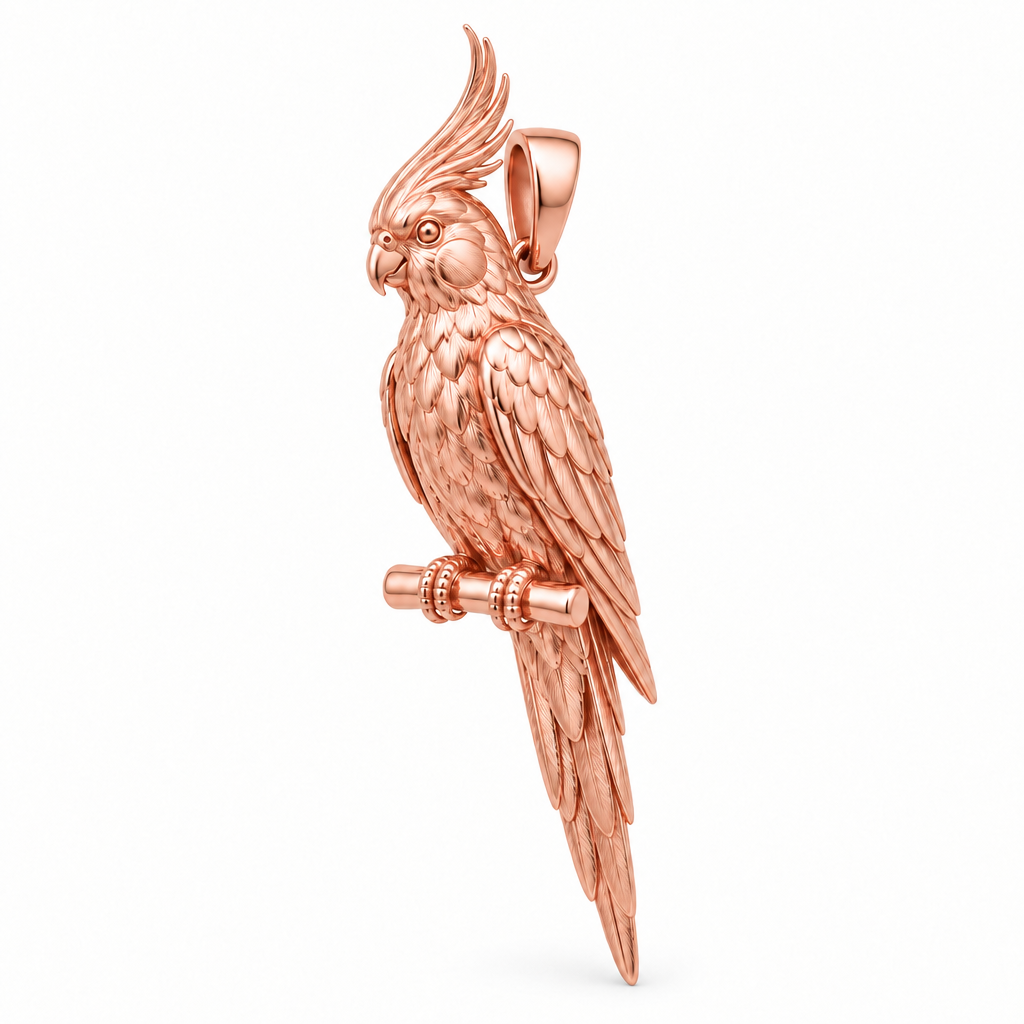 Cockatiel pendant design render in high-polish rose gold on white; pendant only.