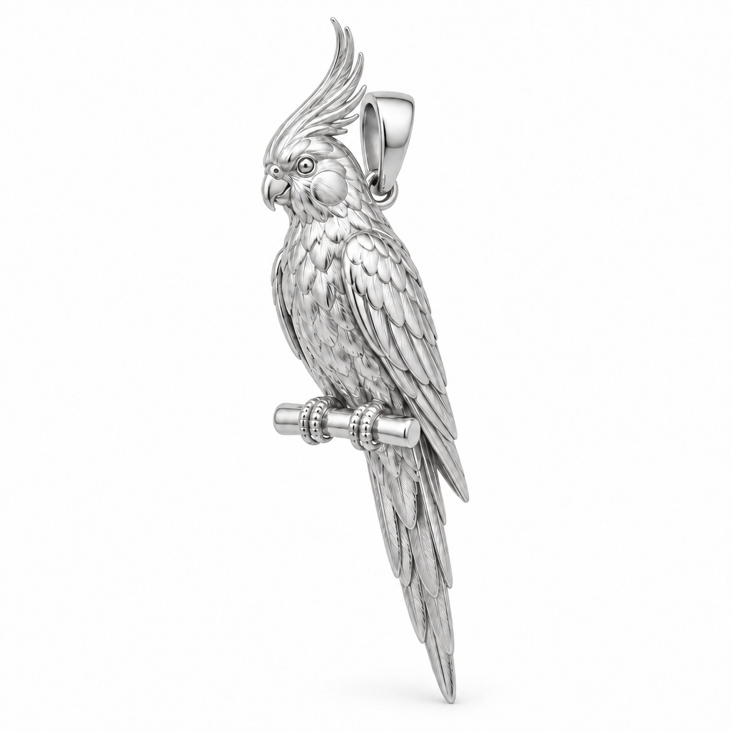 Cockatiel pendant design render in high-polish white gold on white; pendant only.