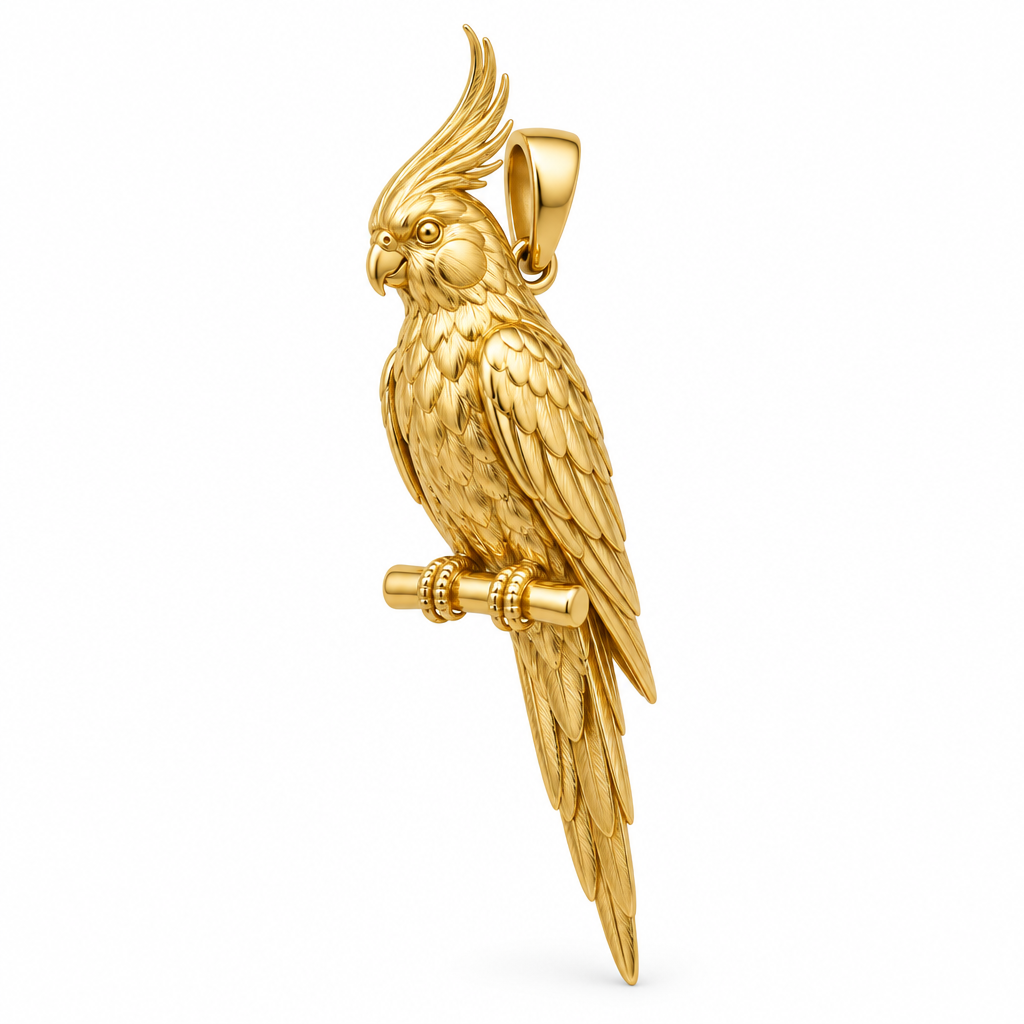 Cockatiel pendant design render in polished yellow gold; pendant only.