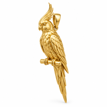 Cockatiel pendant design render in polished yellow gold; pendant only.