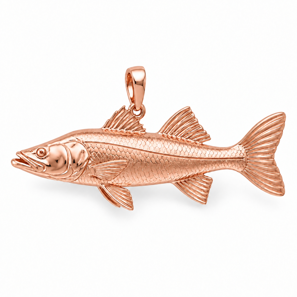 Common snook pendant design render in high-polish rose gold on white; pendant only.