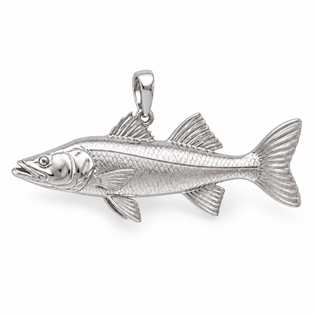 Common snook pendant design render in high-polish white gold on white; pendant only.