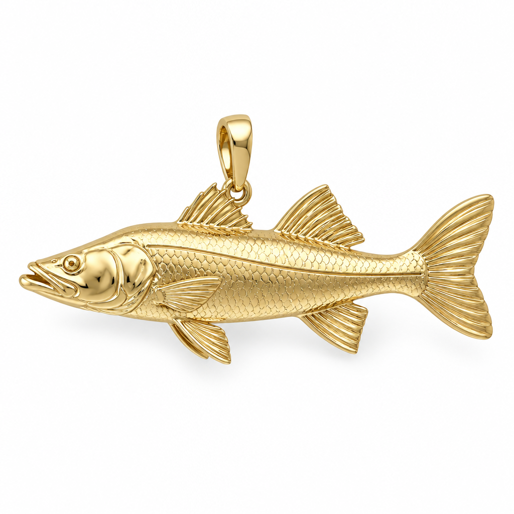Common snook pendant design render in polished yellow gold; pendant only.