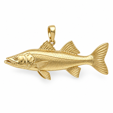 Common snook pendant design render in polished yellow gold; pendant only.