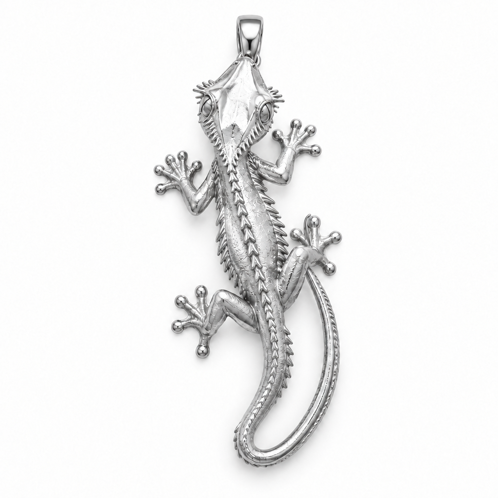 Crested gecko pendant design render in high-polish white gold on white; pendant only.