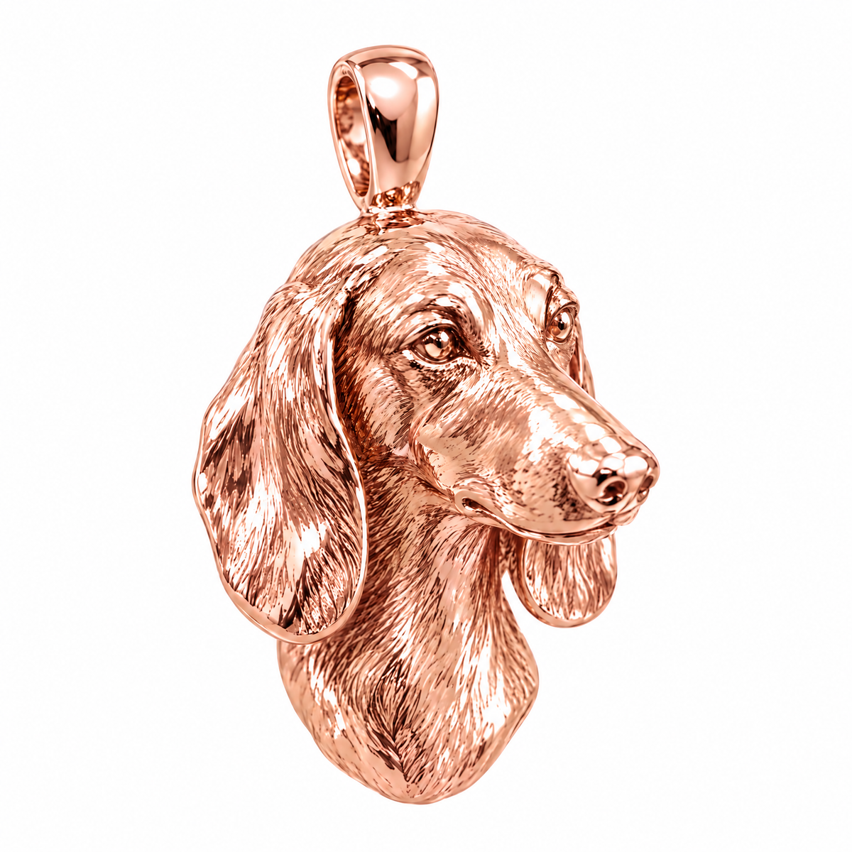 Dachshund high-polish rose gold dog pendant, product render on white.