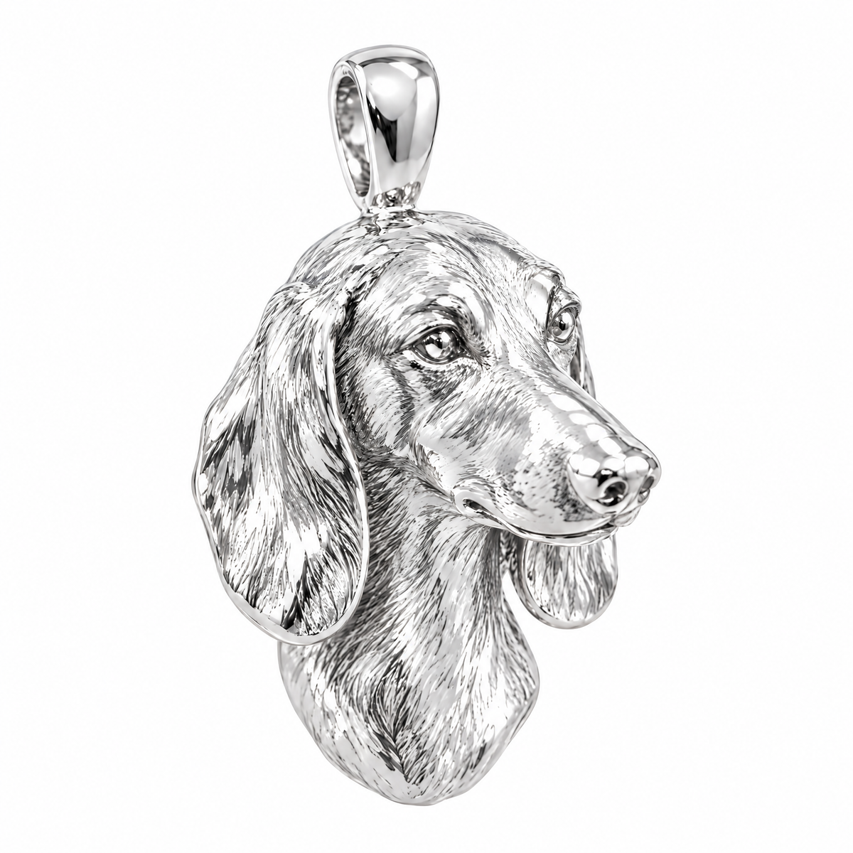 Dachshund high-polish white gold dog pendant, product render on white.