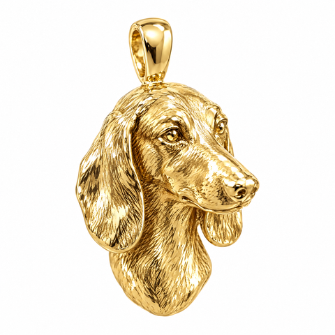 Dachshund high-polish yellow gold dog pendant, product render on white.