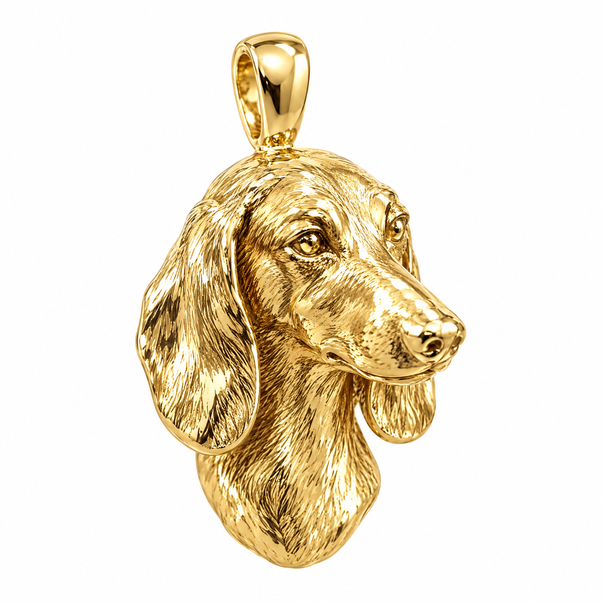 Dachshund high-polish yellow gold dog pendant, product render on white.