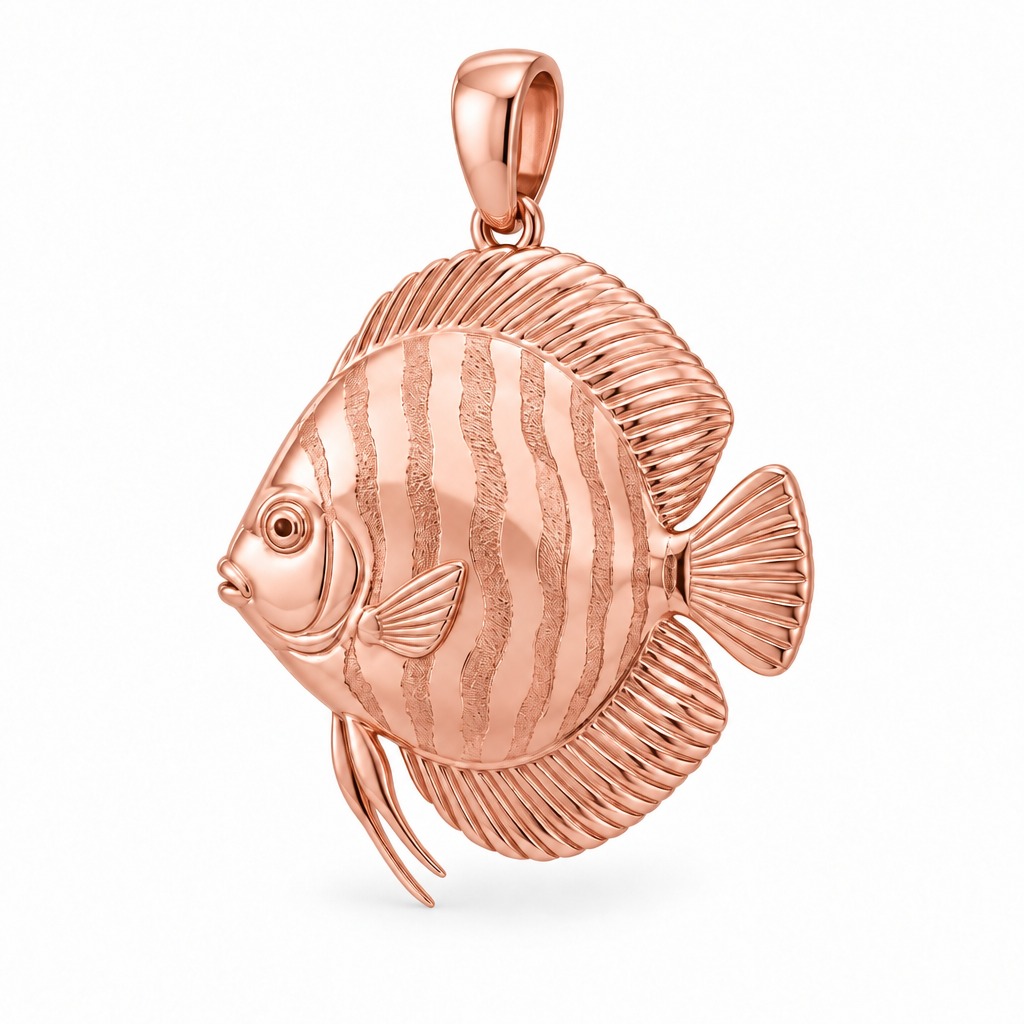 Discus fish pendant design render in high-polish rose gold on white; pendant only.