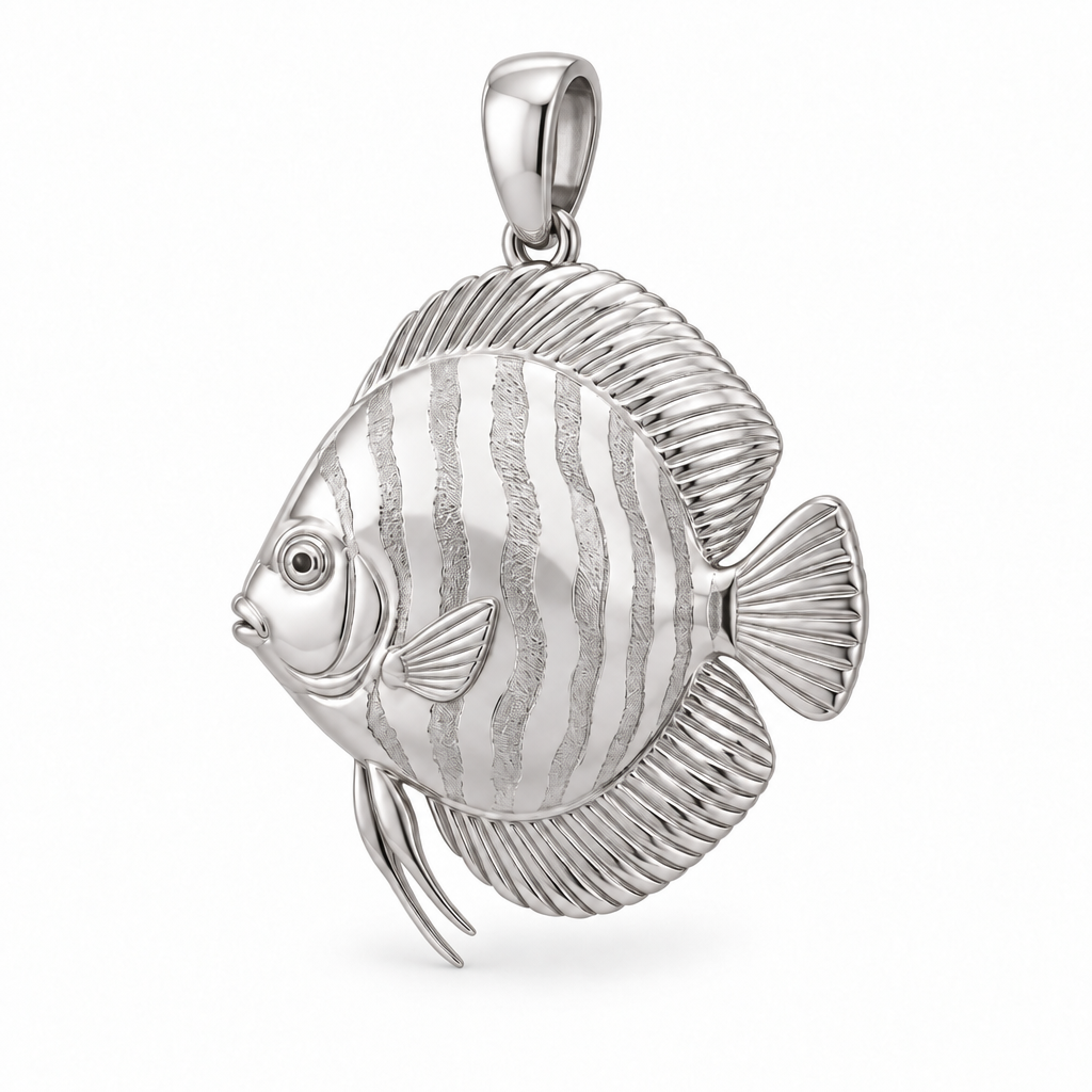 Discus fish pendant design render in high-polish white gold on white; pendant only.
