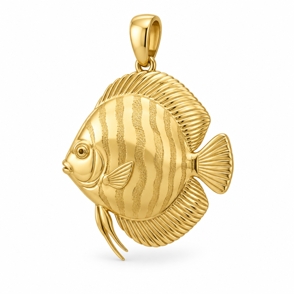 Discus fish pendant design render in high-polish yellow gold on white; pendant only.
