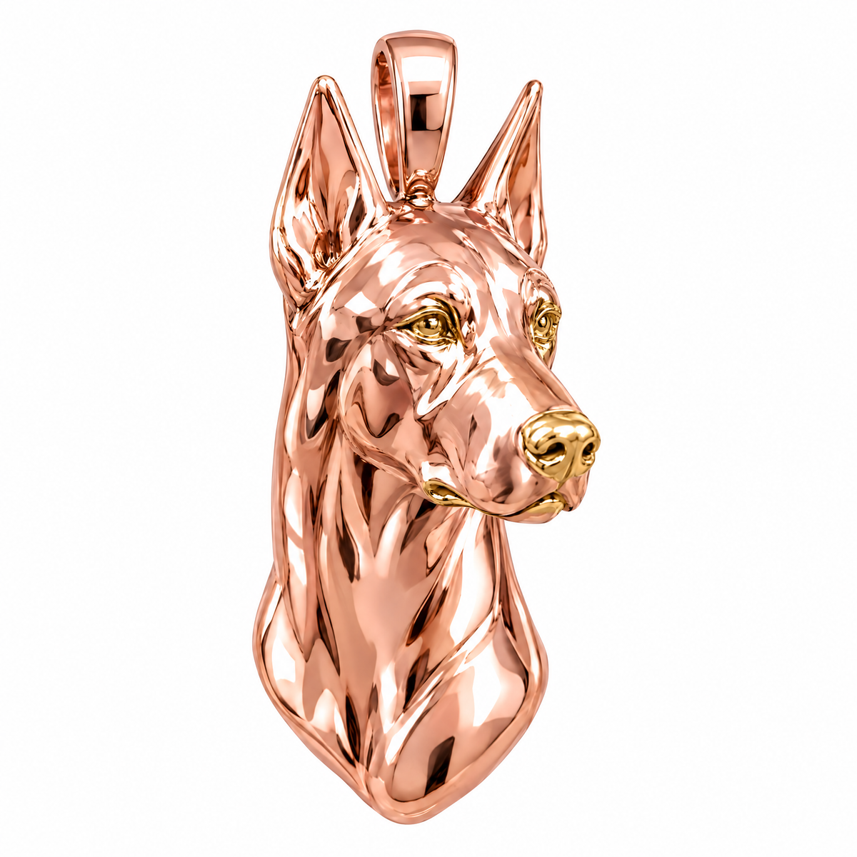 Doberman Pinscher high-polish rose gold dog pendant, product render on white.