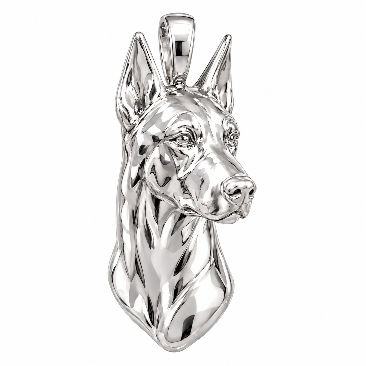 Doberman Pinscher high-polish white gold dog pendant, product render on white.