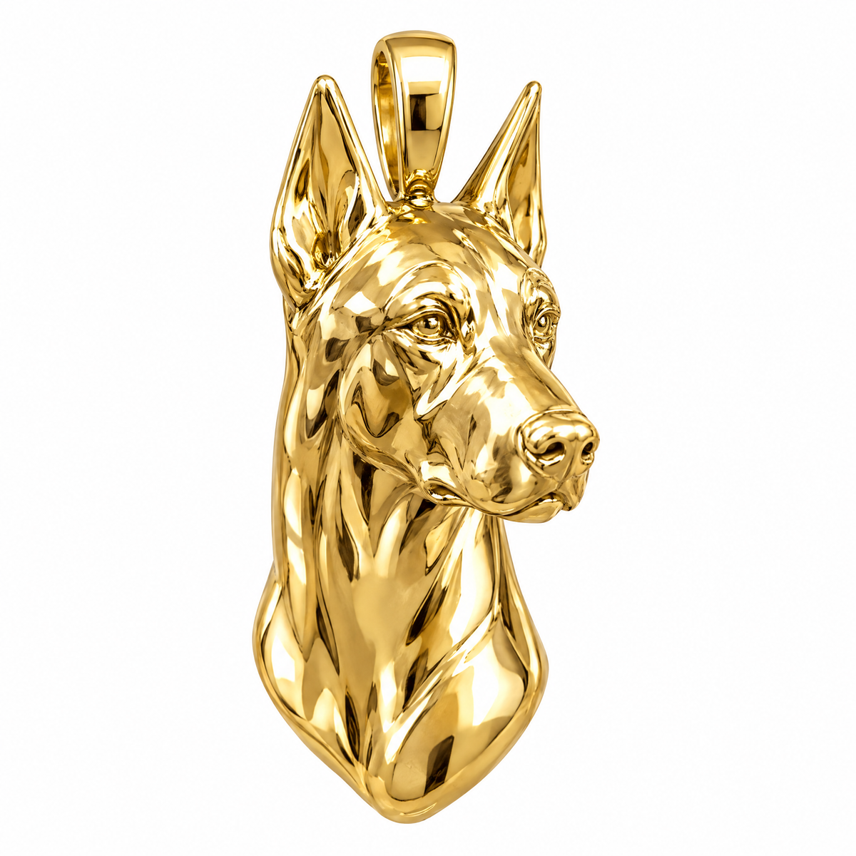 Doberman Pinscher high-polish yellow gold dog pendant, product render on white.