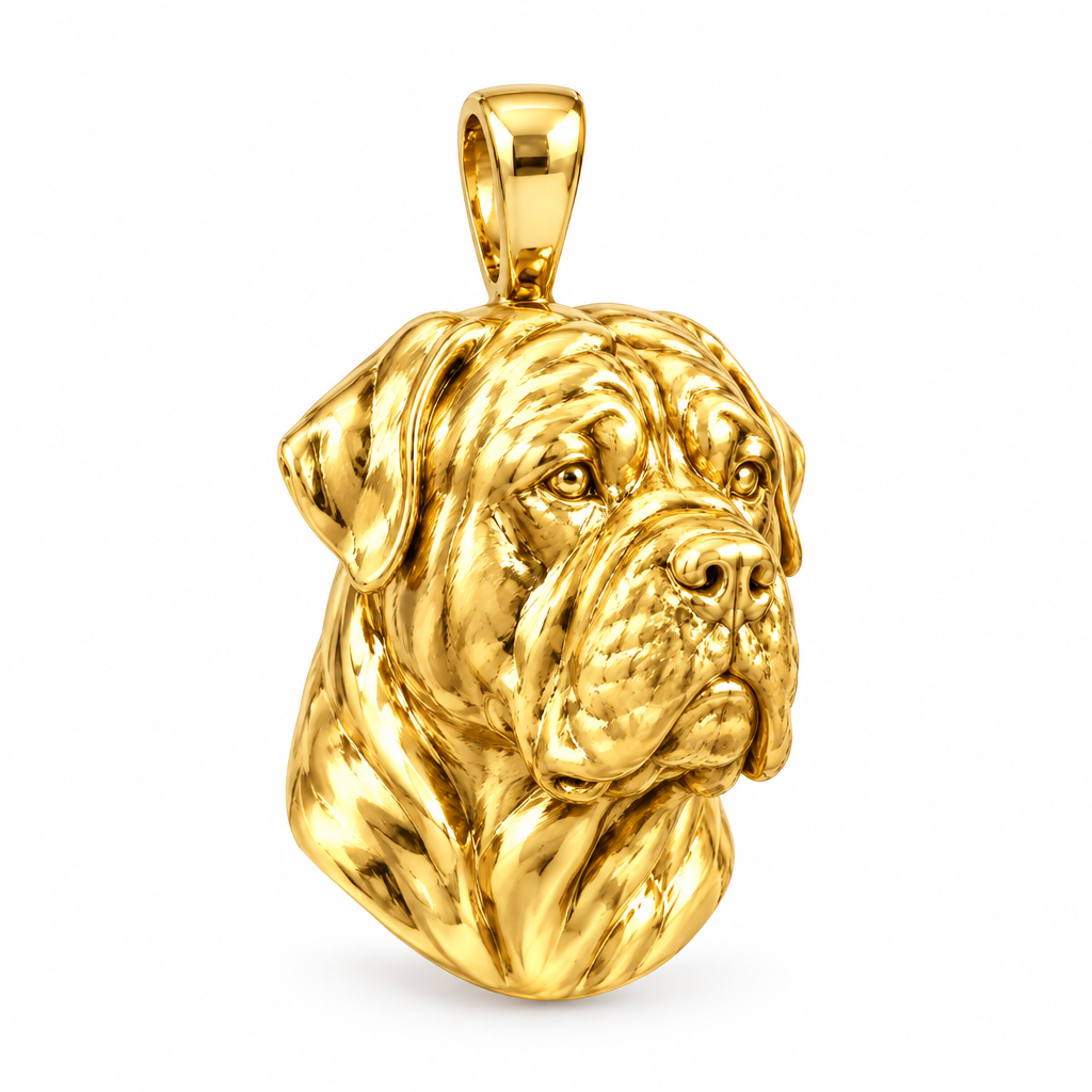 Dogue de Bordeaux high-polish yellow gold dog pendant, design render on white; pendant only.