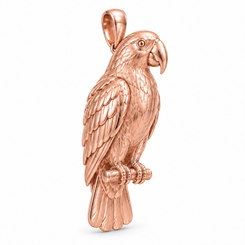 Eclectus parrot pendant design render in high-polish rose gold on white; pendant only.