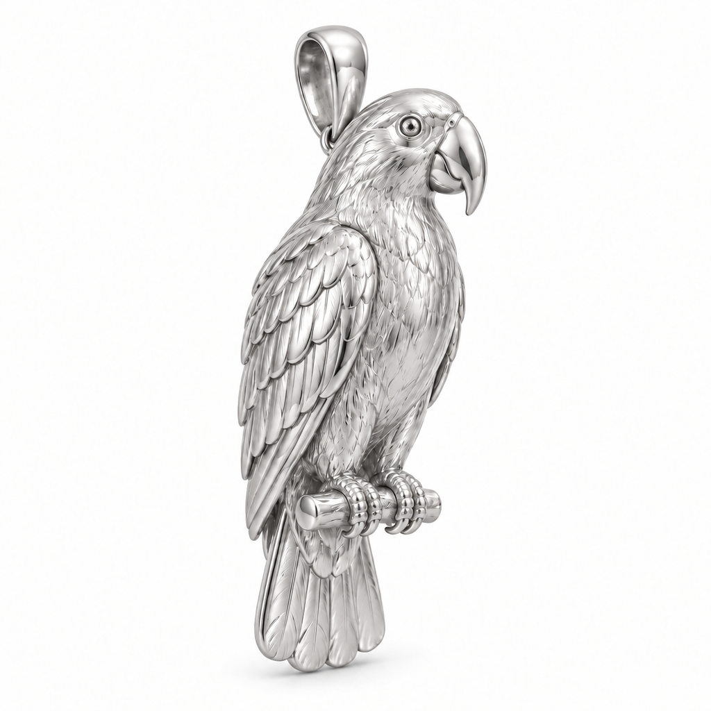 Eclectus parrot pendant design render in high-polish white gold on white; pendant only.