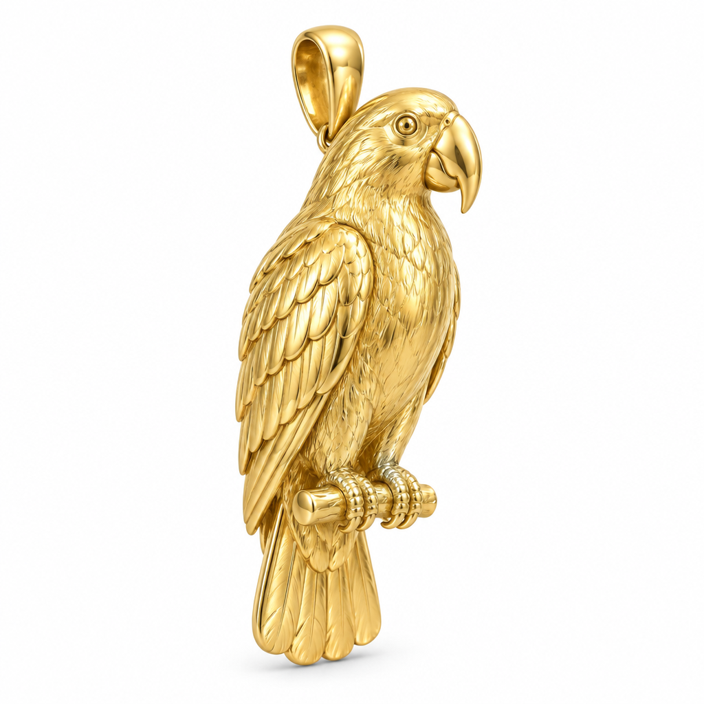 Eclectus parrot pendant design render in high-polish yellow gold on white; pendant only.
