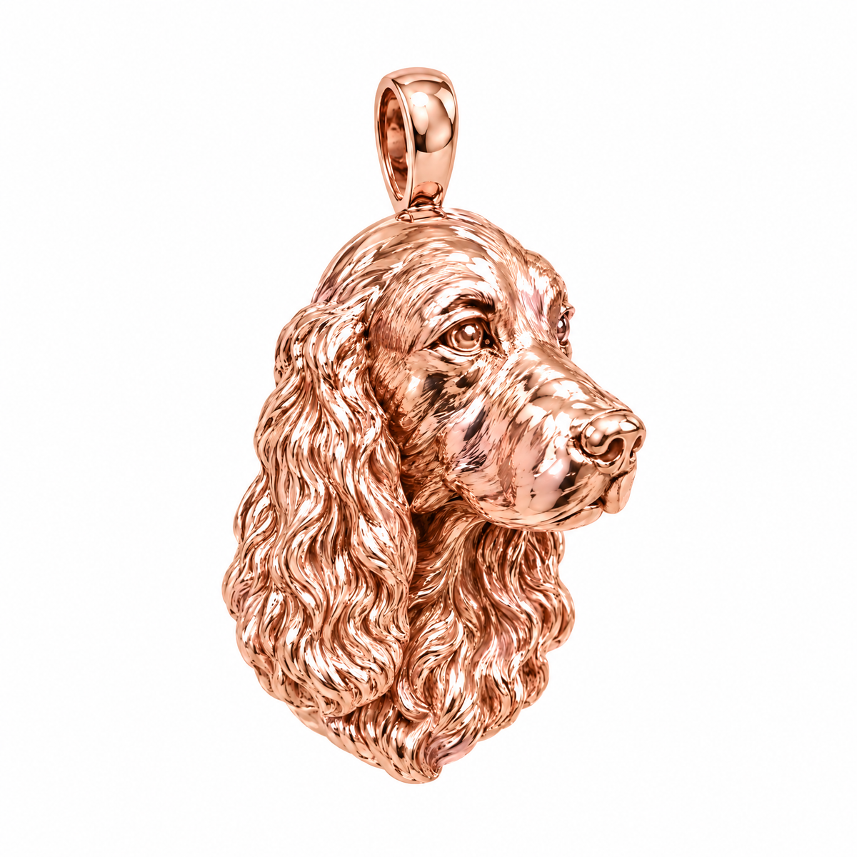 English Cocker Spaniel high-polish rose gold dog pendant, product render on white.