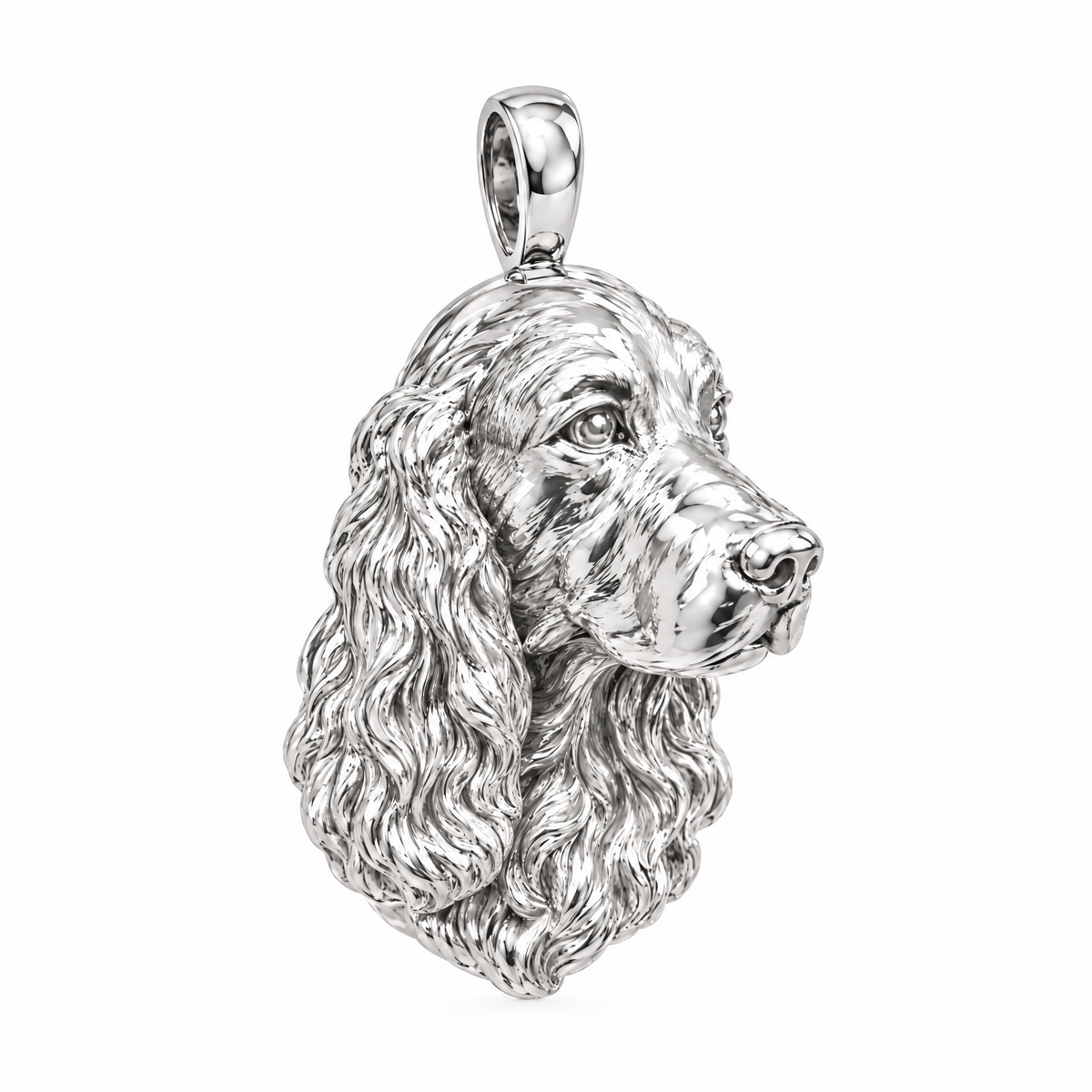 English Cocker Spaniel high-polish white gold dog pendant, design render on white; chain not included.