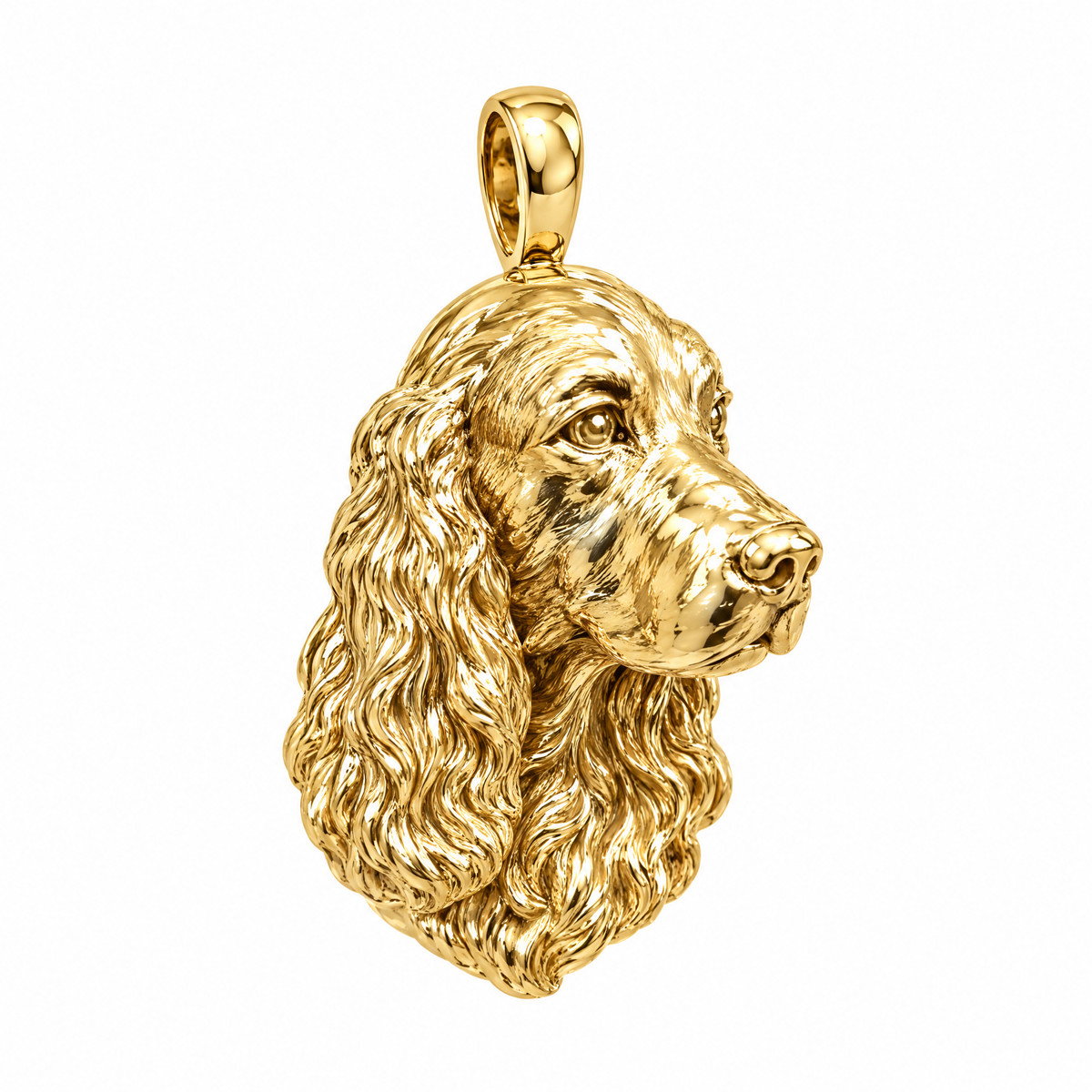English Cocker Spaniel high-polish yellow gold dog pendant, product render on white.