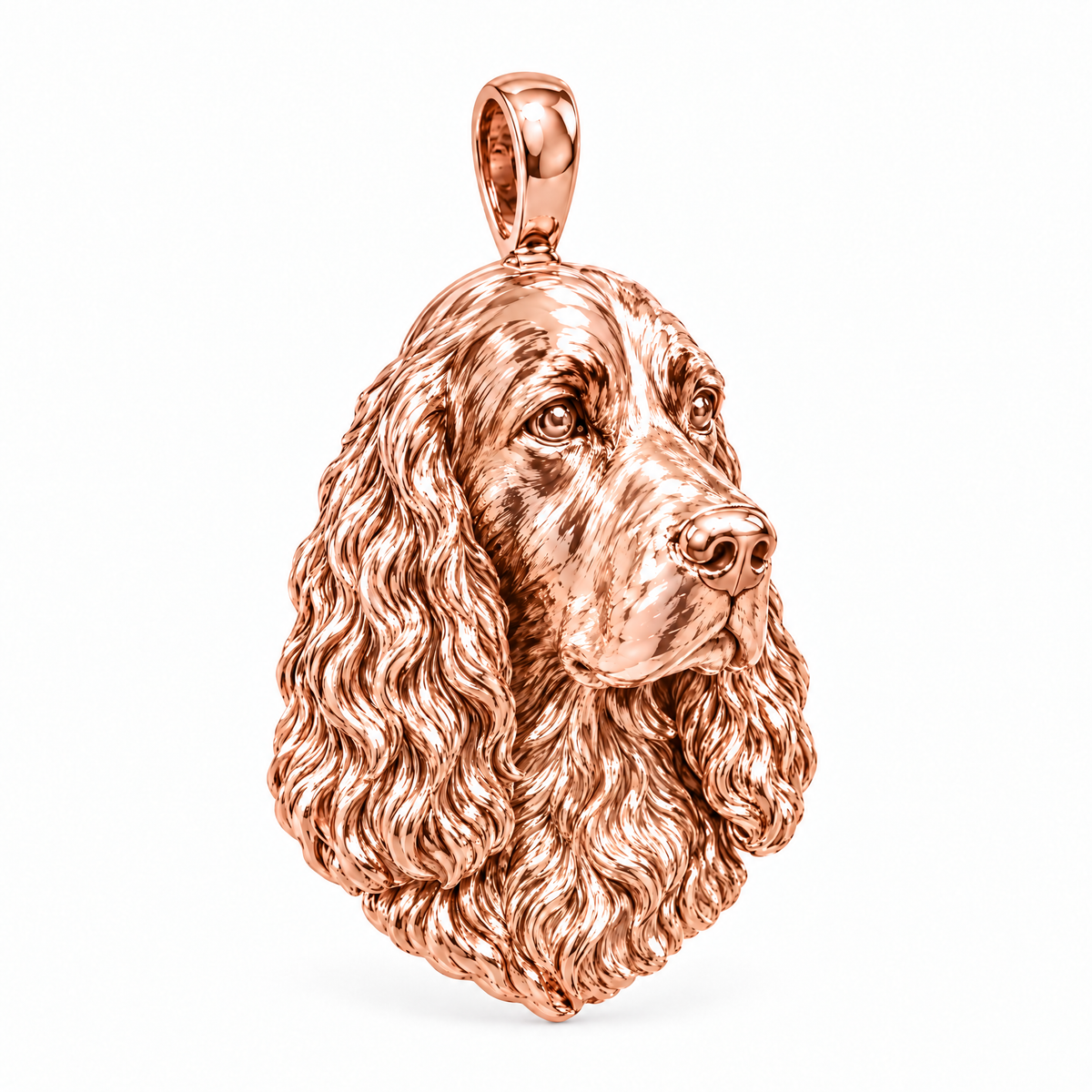 English Springer Spaniel high-polish rose gold dog pendant, design render on white; chain not included.