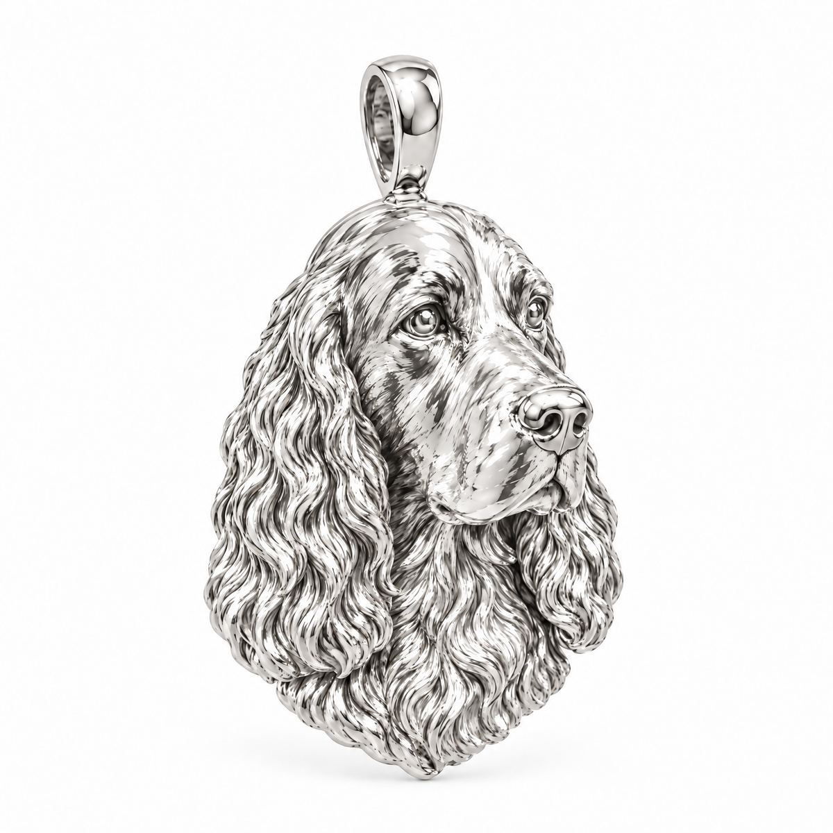 English Springer Spaniel high-polish white gold dog pendant, design render on white; chain not included.