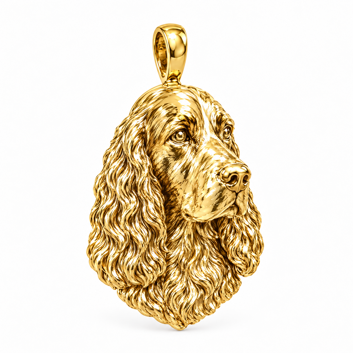 English Springer Spaniel high-polish yellow gold dog pendant, design render on white; chain not included.