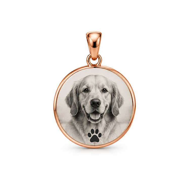 Forever Paws round pet portrait memorial pendant in rose gold, pendant only; illustrative design render.