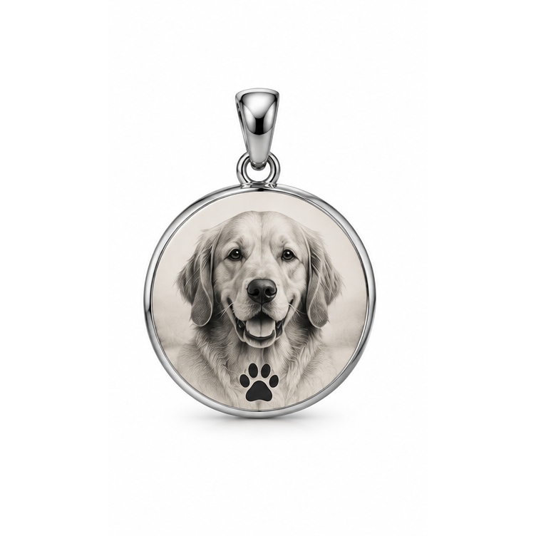 Forever Paws round pet portrait memorial pendant in white gold, pendant only; illustrative design render.