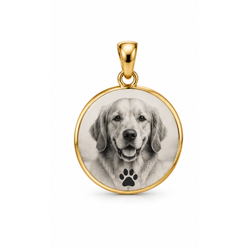 Forever Paws round pet portrait memorial pendant in yellow gold, pendant only; illustrative design render.
