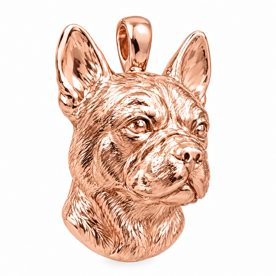 French Bulldog dog-head pendant in high-polish rose gold, product render on white.
