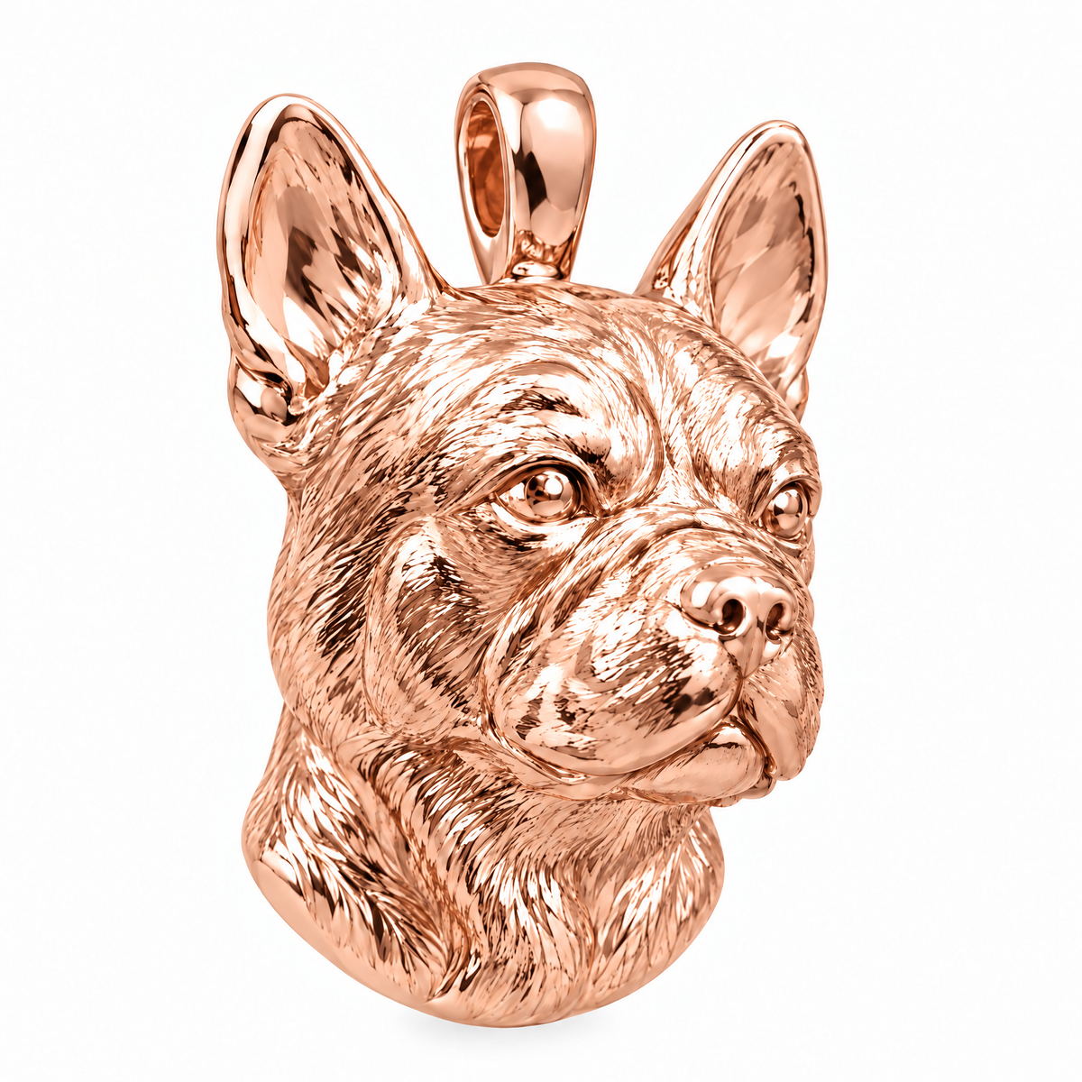 French Bulldog dog-head pendant in high-polish rose gold, product render on white.