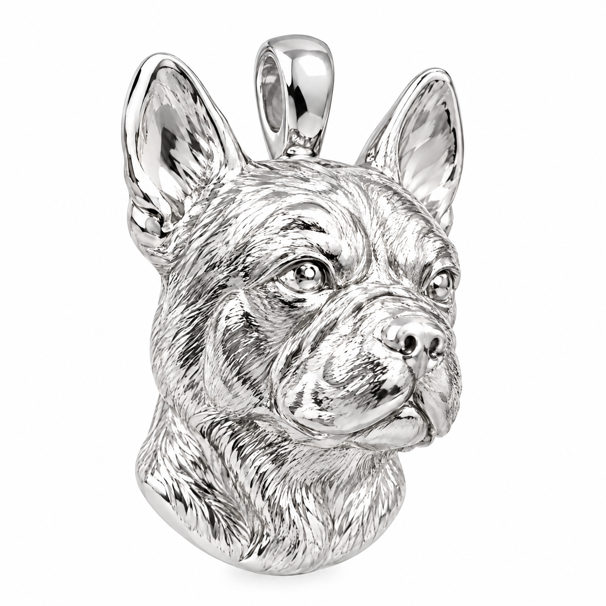 French Bulldog dog-head pendant in high-polish white gold, product render on white.