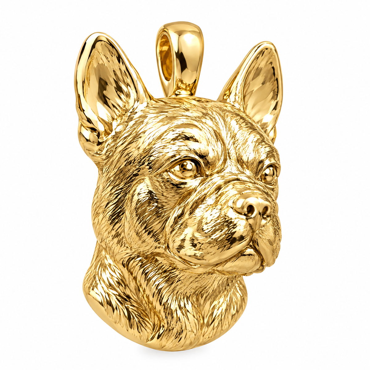 French Bulldog dog-head pendant in high-polish yellow gold, product render on white.