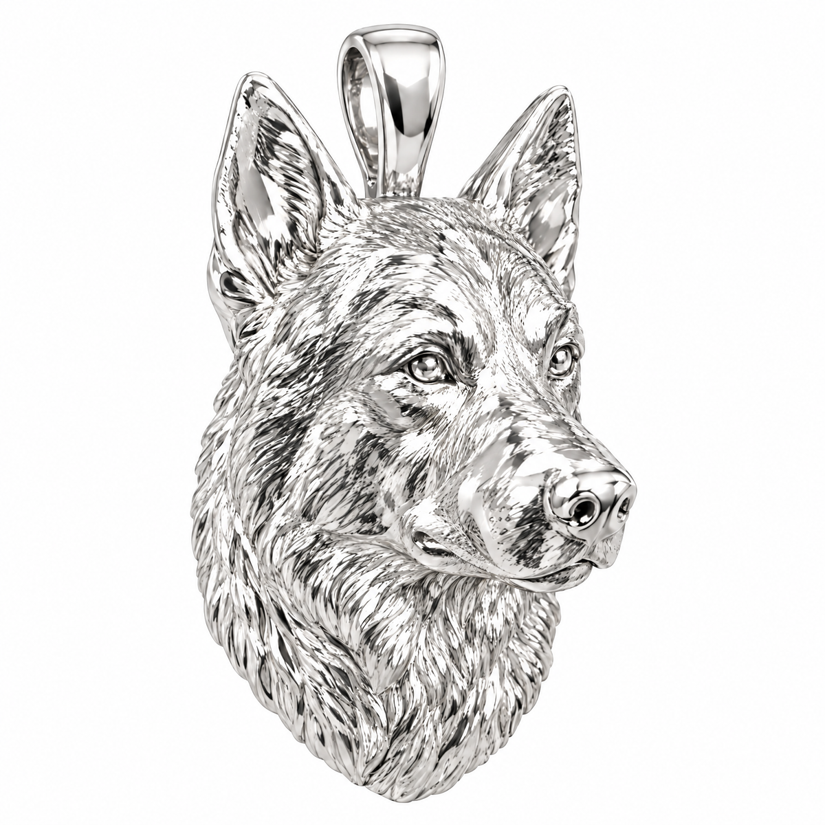 German Shepherd high-polish white gold dog pendant, product render on white.