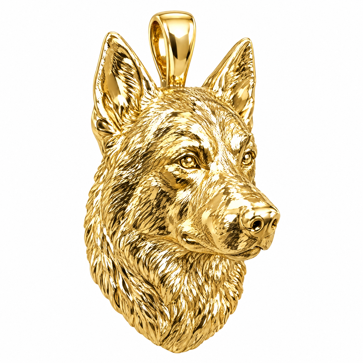 German Shepherd high-polish yellow gold dog pendant, product render on white.