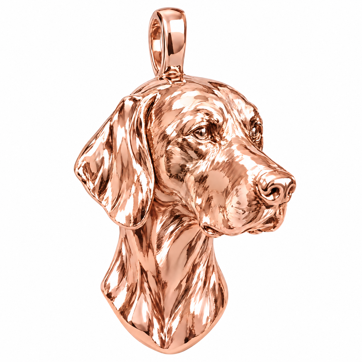 German Shorthaired Pointer high-polish rose gold dog pendant, product render on white.