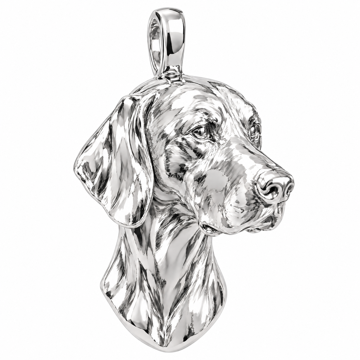 German Shorthaired Pointer high-polish white gold dog pendant, product render on white.
