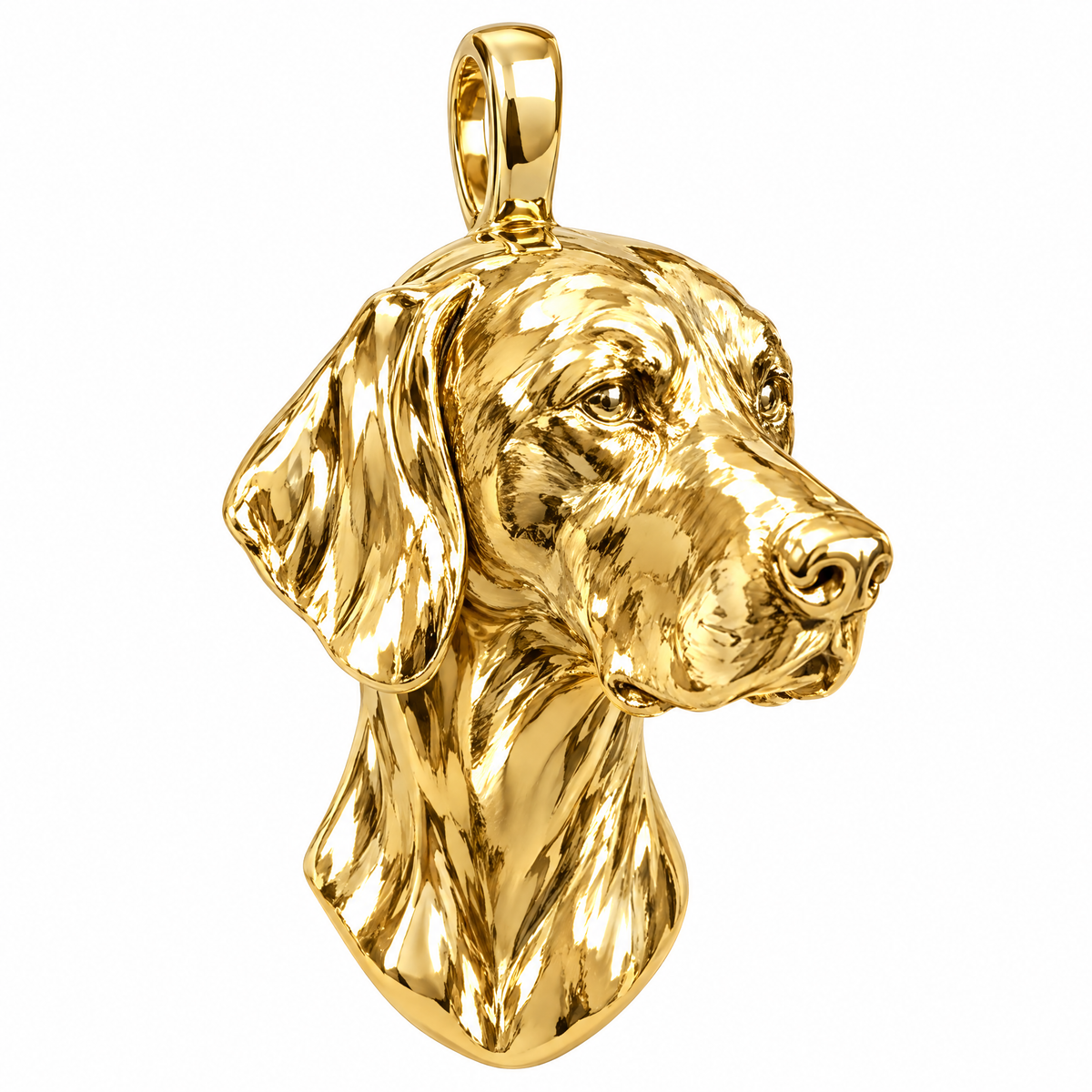 German Shorthaired Pointer high-polish yellow gold dog pendant, product render on white.