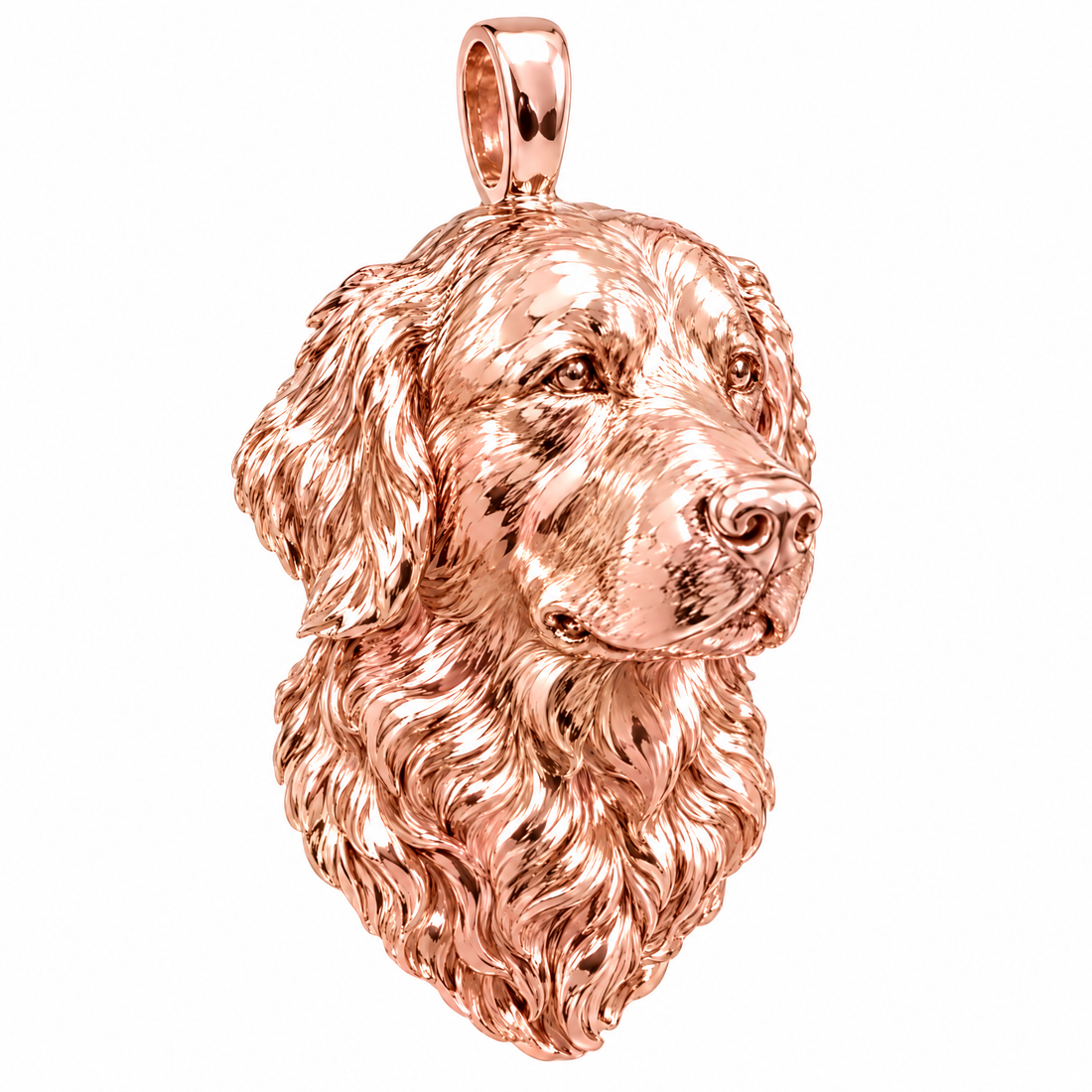 Golden Retriever high-polish rose gold dog pendant, product render on white.