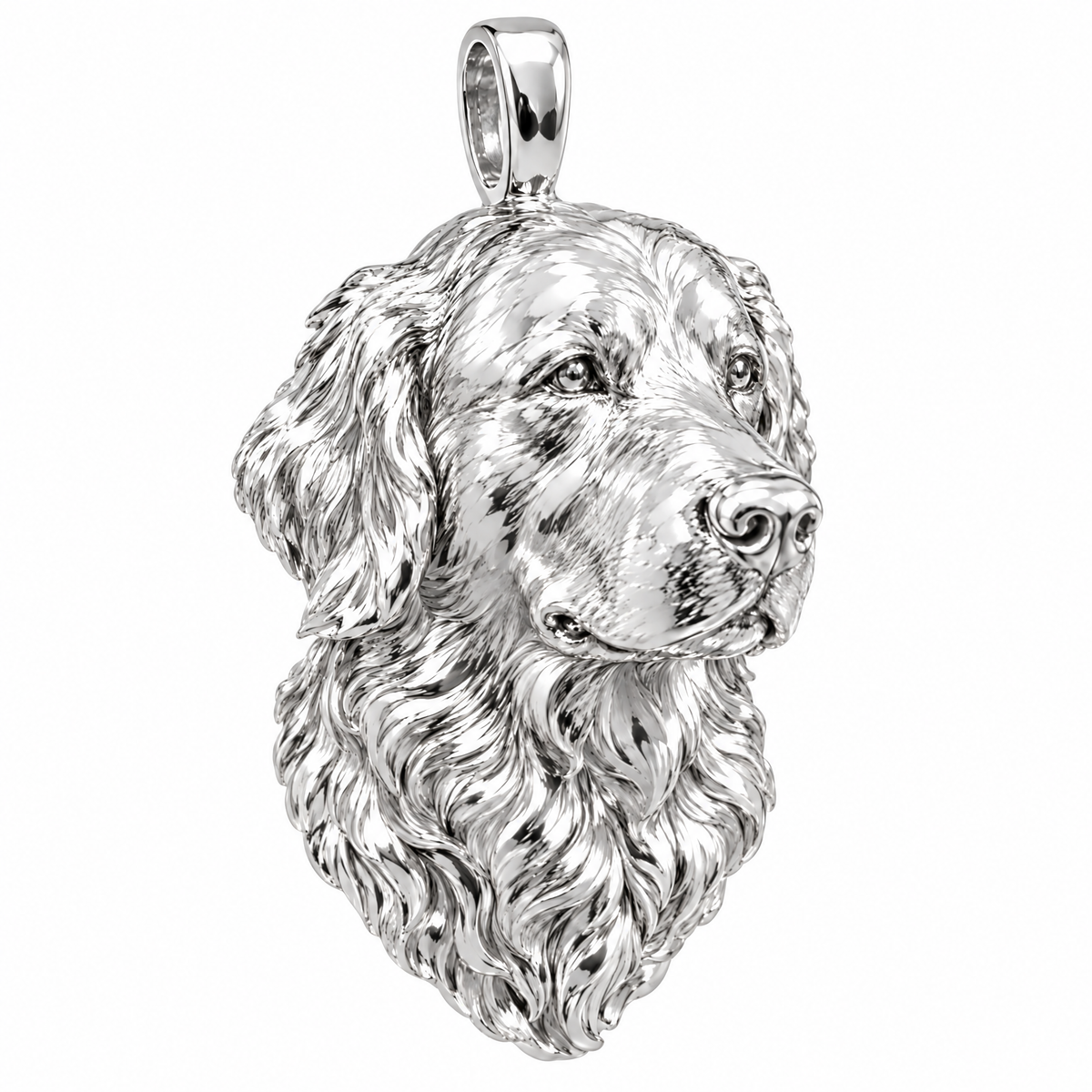Golden Retriever high-polish white gold dog pendant, product render on white.