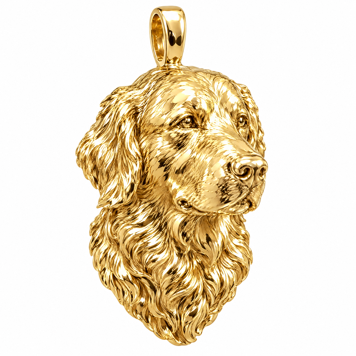 Golden Retriever high-polish yellow gold dog pendant, product render on white.