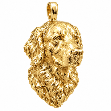 Golden Retriever high-polish yellow gold dog pendant, product render on white.