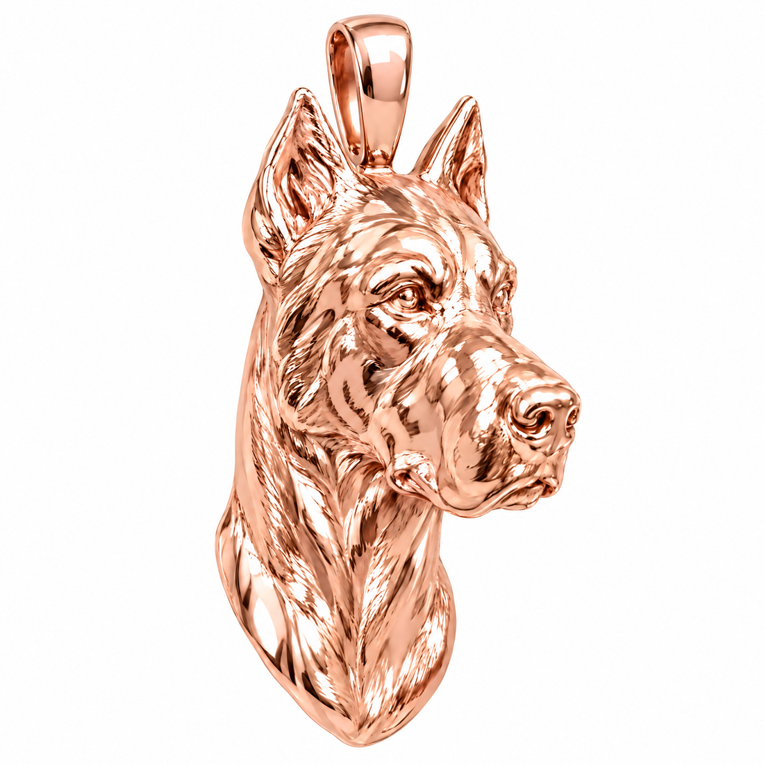Great Dane high-polish rose gold dog pendant, product render on white.
